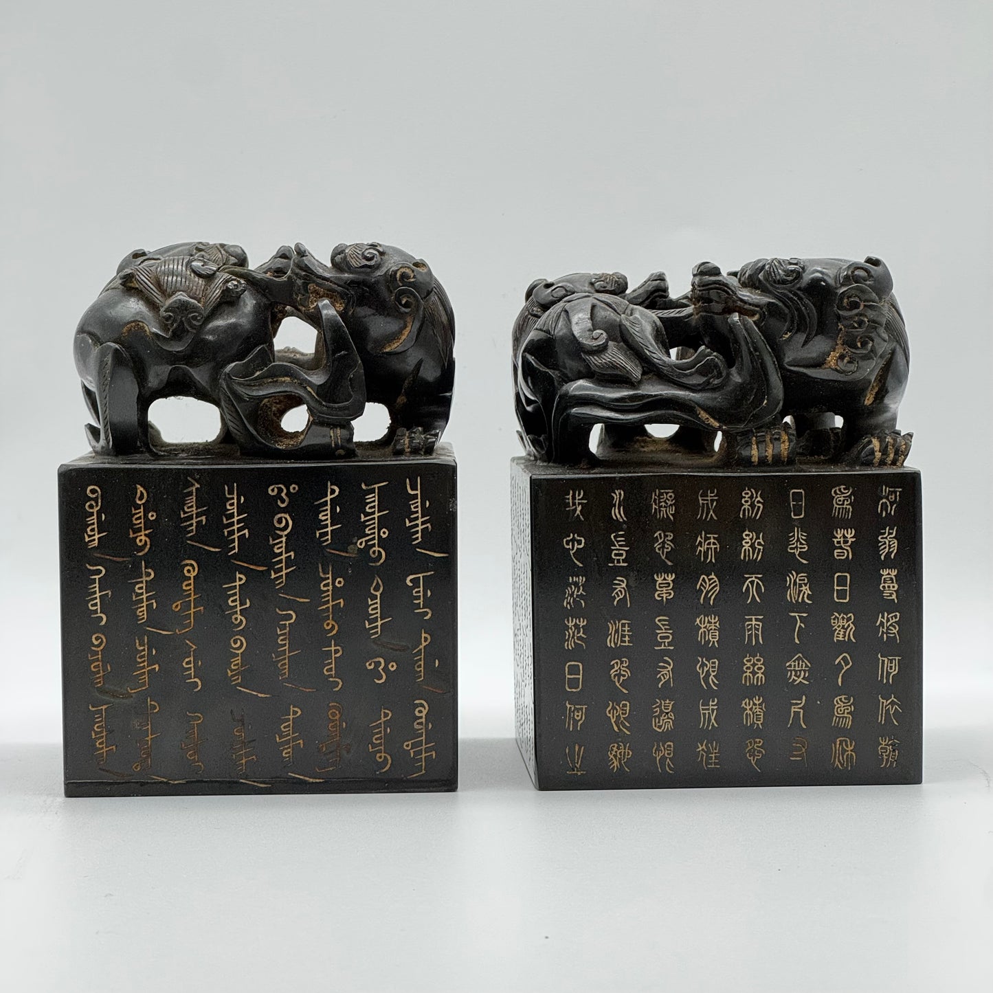 Rare Antique Natural Dark Green Nephrite Seal Pair of Twin Double Pixiu Stamp 5,596.2g 86.4 by 86.9 by 120.2mm with Wooden Box 355.0 by 165.0 by 190.0mm