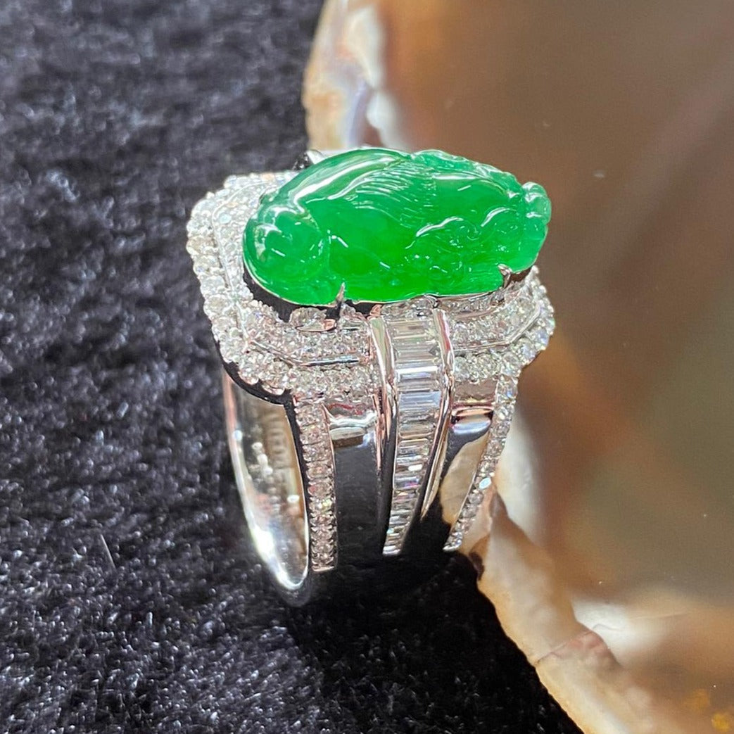 Rare Type A Burmese High End Jade Jadeite Chan Chu aka 3 Legged Frog Ring 18K White Gold & Diamonds - 14.99g US9.45 HK22 with NGI Cert