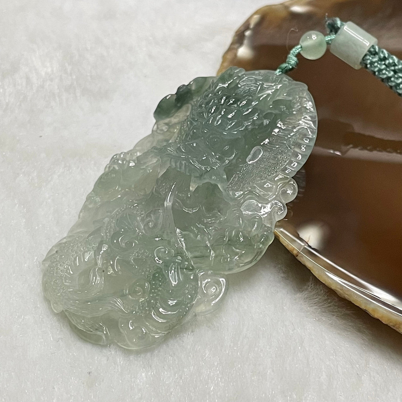 Rare Type A Icy Green Jade Jadeite Wealth Prosperity Dragon Pendant 35.02g 71.1 by 40.0 by 14.1mm
