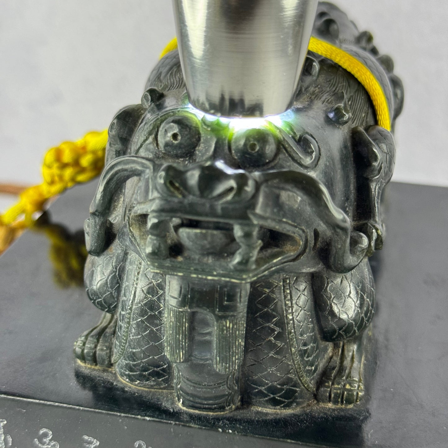 Rare Antique Natural Dark Green Nephrite Double Dragon Heads Seal 4,105.8g 134.8 by 134.3 by 120.0mm