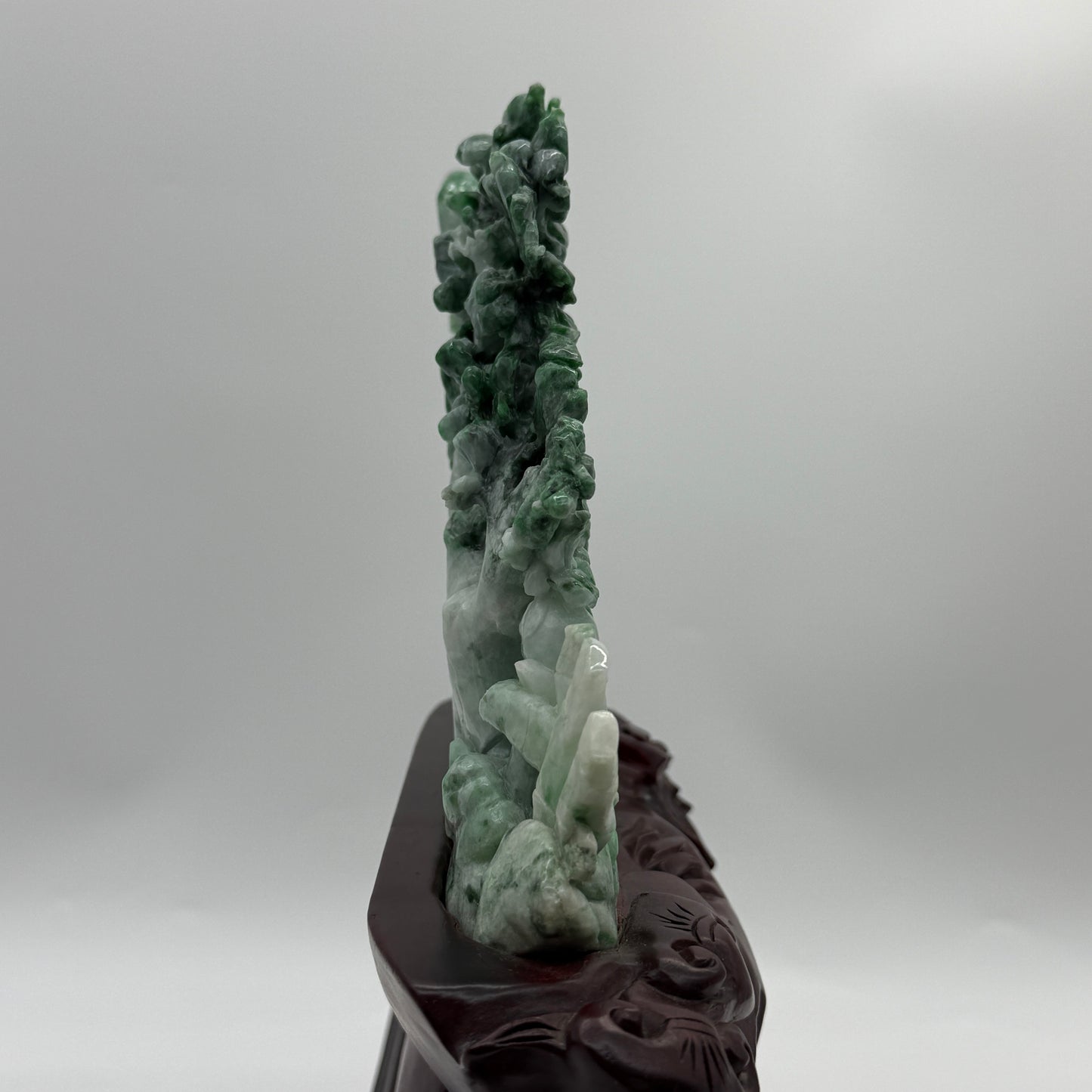 Type A Light Green with Spicy Green and Apple Green Patches Jadeite Tree with Twin Birds and Bamboo Display 1260g 24.0 by 2.8 by 16.0cm with wooden stand 2935g 31.0 by 10.0 by 28.0cm