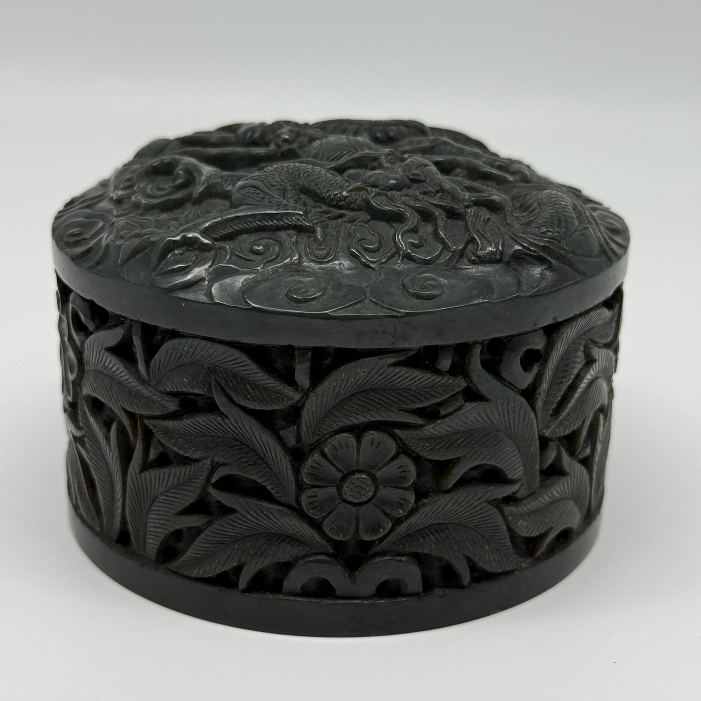 Antique Dark Green Nephrite Double Dragons in Clouds with Flowers and Leaves Seal 1,625.5g 108.2 by 107.6 by 71.6mm