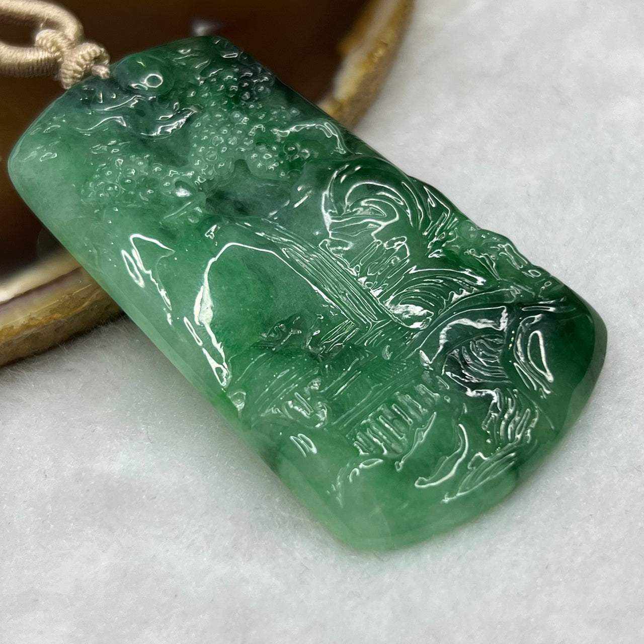 Type A ICY Spicy Green Jade Jadeite Shan Shui Pendant 35.06g 63.8 by 35.2 by 6.0mm