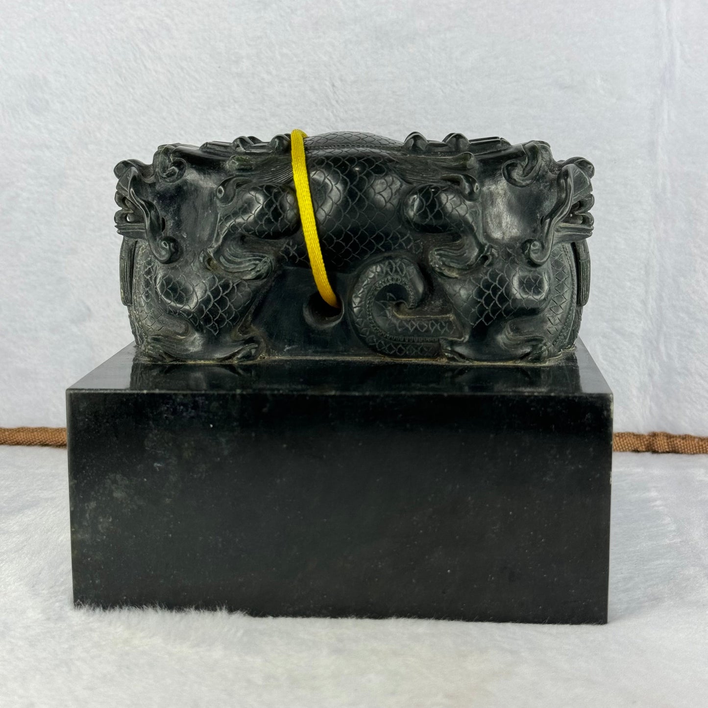 Rare Antique Natural Dark Green Nephrite Double Dragon Heads Seal 4,105.8g 134.8 by 134.3 by 120.0mm