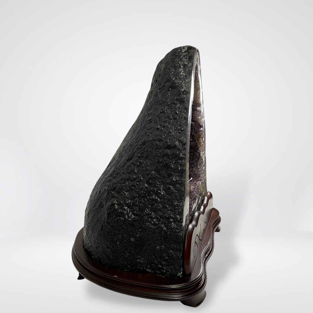 Rare Natural Amethyst with Golden and Black Rutile Display Wooden Stand - 50.4kg 520 by 470 by 380mm