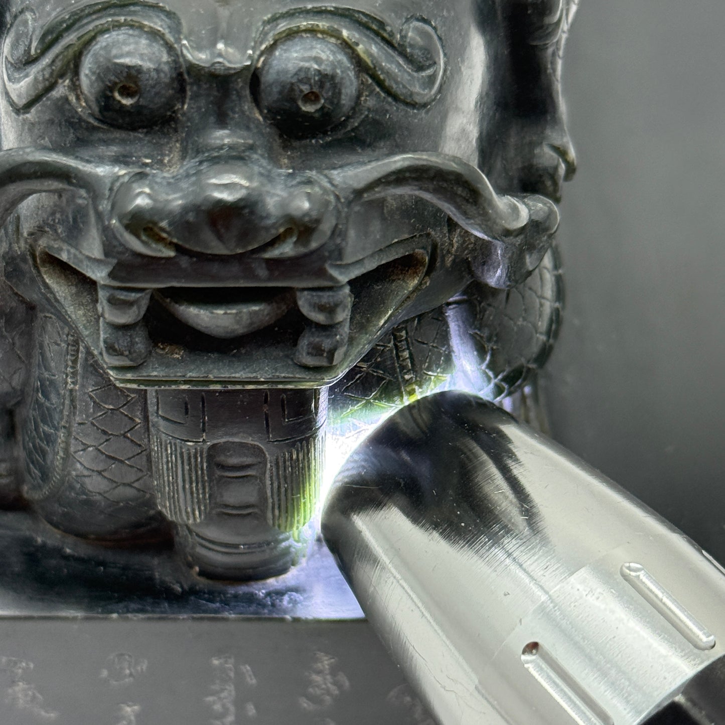 Rare Antique Natural Dark Green Nephrite Double Dragon Heads Seal 4,105.8g 134.8 by 134.3 by 120.0mm