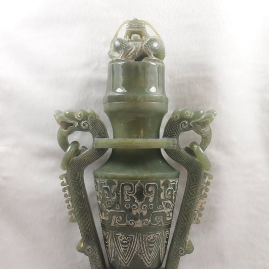 Rare Antique Natural Green Nephrite Vase with Double Dragon Display 2,035.4g 162.0 by 90.0 by 315.0m