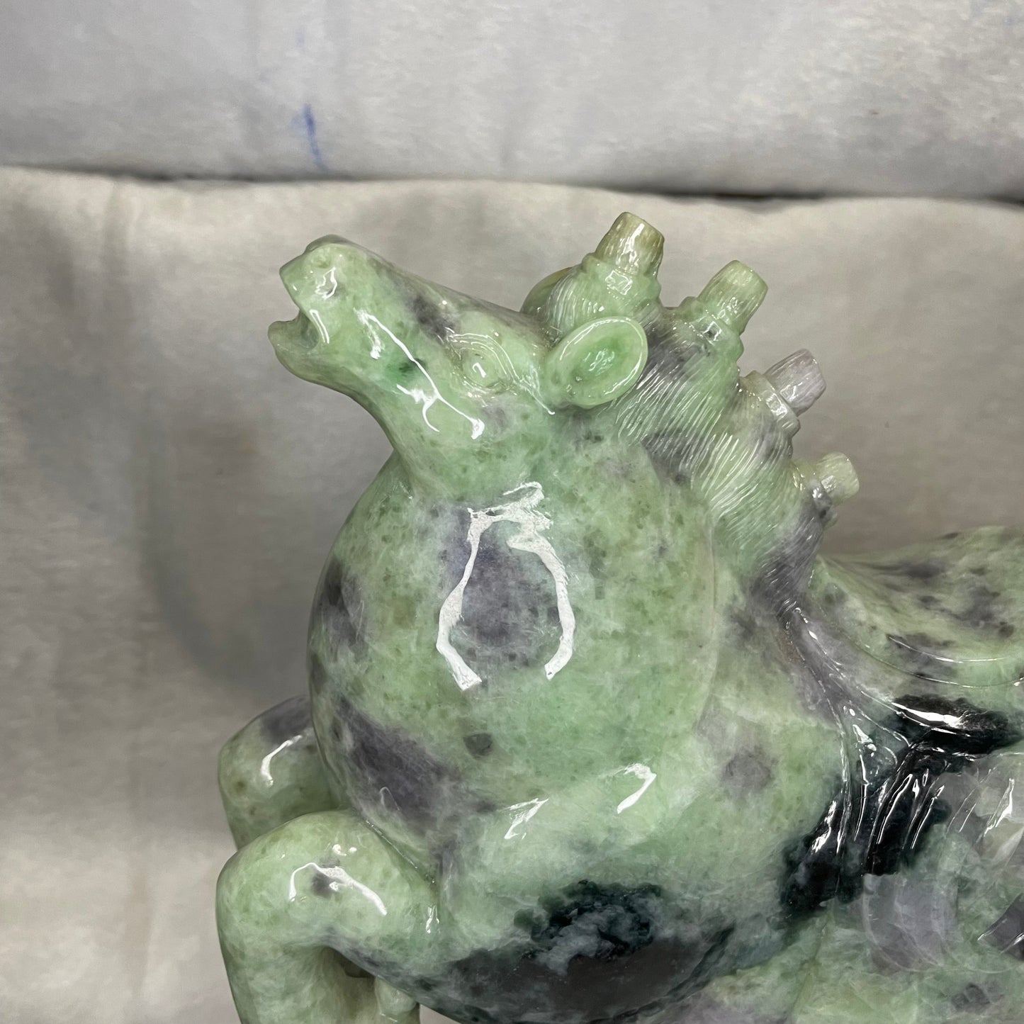 Type A Green with Lavender Jadeite Pair of Horses 马到成功 马上成功 马上发财 with Wooden Stand Display Piece - 9.53kg Dimensions with Stand: 30 by 28 by 12cm Jade Dimensions: 28 by 24 by 9cm
