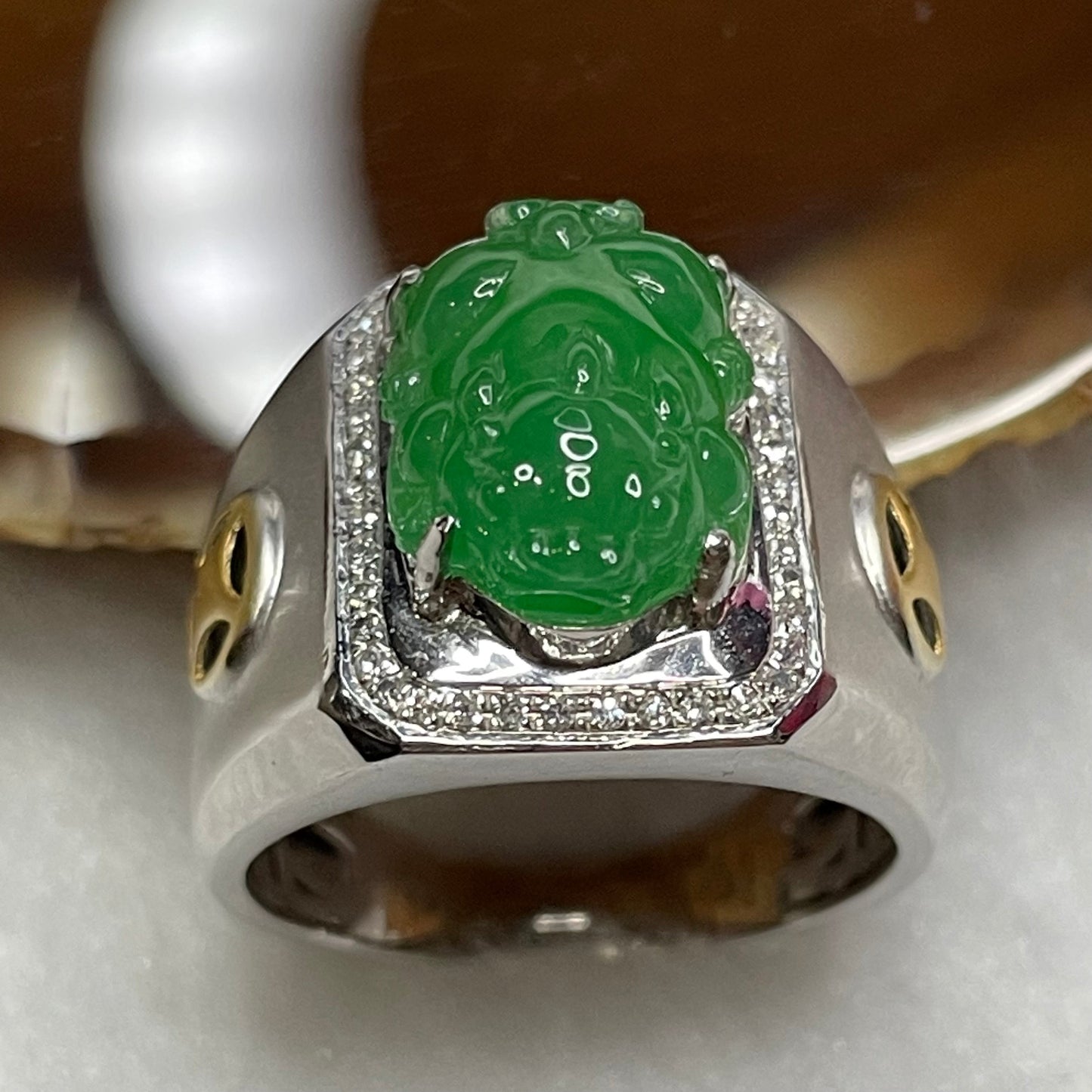 Rare Type A High Quality Yang Green Pixiu Jade Jadeite 18k white gold & Natural Diamonds 7.46g 16.3 by 10.2mm US8.5 HK19 with NGI cert