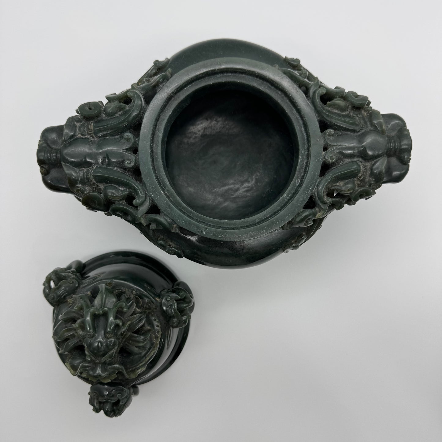 Rare Antique Natural Dark Green Nephrite Dragon Incense Burner 3,613.7g 250.0 by 170.0 by 215.0mm