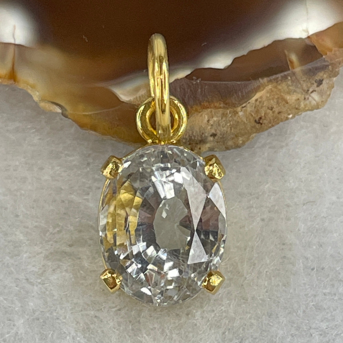 NGI Certified Unheated Natural White Sapphire (Corundum) Oval Brilliant Step Cut Pendant in 22K Yellow Gold Setting 10.5ct Total 5.78g 13.12 by 10.51 by 8.99mm