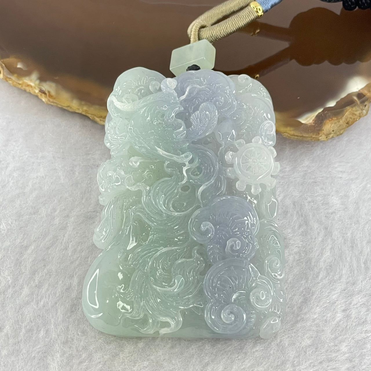 Type A Light Green and Bright Lavender Jadeite Phoenix Ruyi Wheel Pendant 80.00g 62.9 by 44.5 by 13.5mm