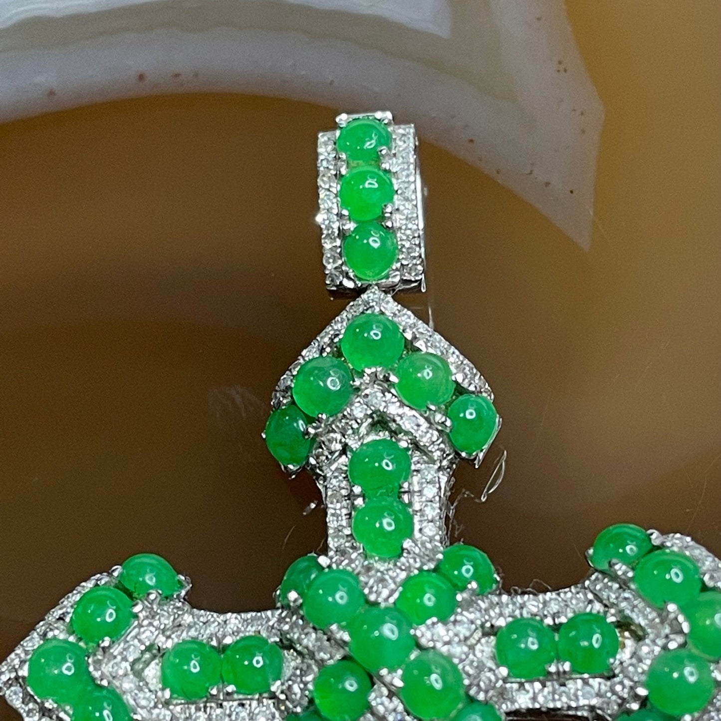 Rare High Quality Type A Green Jade Jadeite Customised Cross 18k White Gold & Natural Diamonds 6.07g 53.1 by 31.5 by 6.4mm