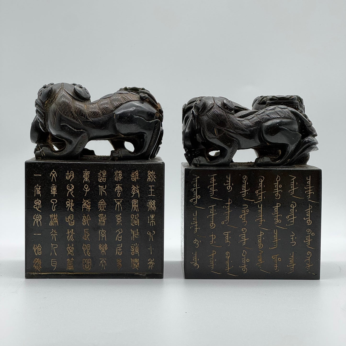 Rare Antique Natural Dark Green Nephrite Seal Pair of Twin Double Pixiu Stamp 5,596.2g 86.4 by 86.9 by 120.2mm with Wooden Box 355.0 by 165.0 by 190.0mm