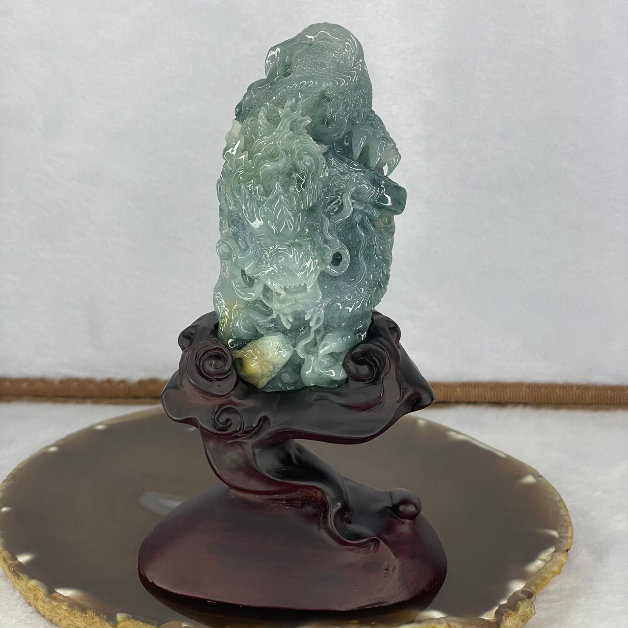 Grand Master Type A Jelly Blueish Green Flora with Yellow Jadeite Fire Dragon with Pixiu 笼饺子Display 164.12g 95.6 by 41.5 by 35.5mm with Wooden Stand for Wealth Luck Attraction