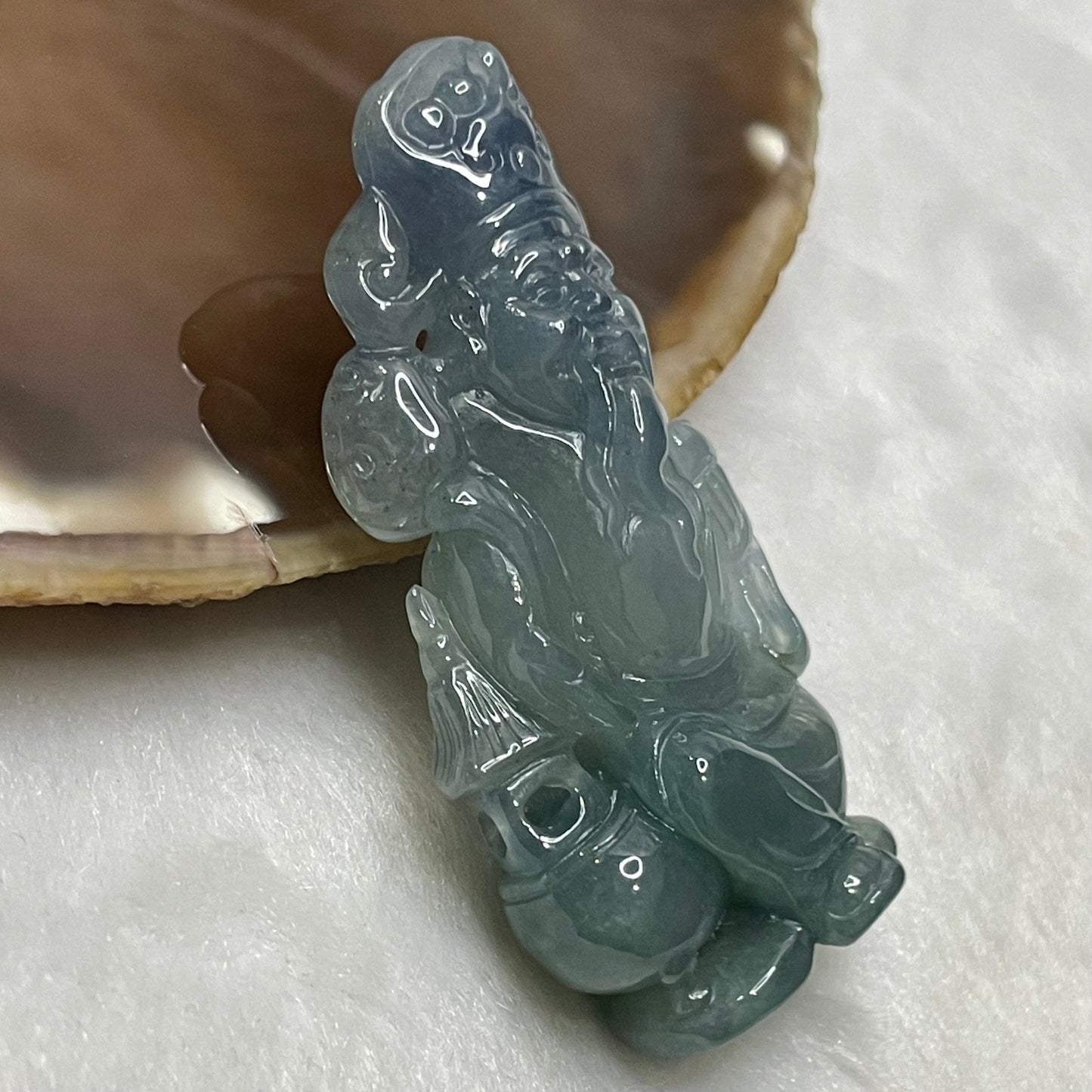 18K Gold Rare Type A Blueish Green with Lavender Jadeite Cai Sheng Ye Pendant for Ultimate Wealth with NGI Cert - 30.9g 59.0 by 28.9 by 12.8mm