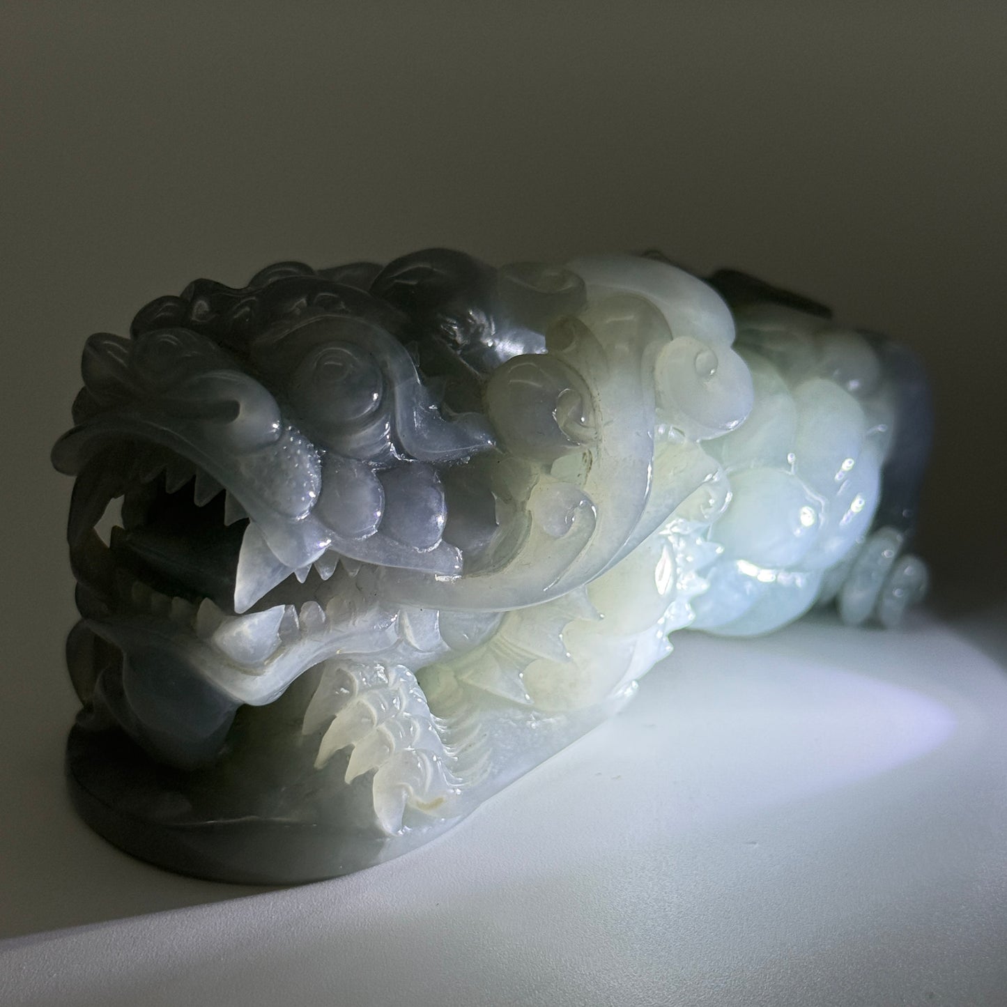 Type A Blueish Lavender Jade Jadeite Pixiu & Ruyi Display with Wooden Stand: Pixiu: 373.1g 93.1 by 43.1 by 43.7mm With Stand: 747.5g 215.4 by 111.5 by 99.6mm