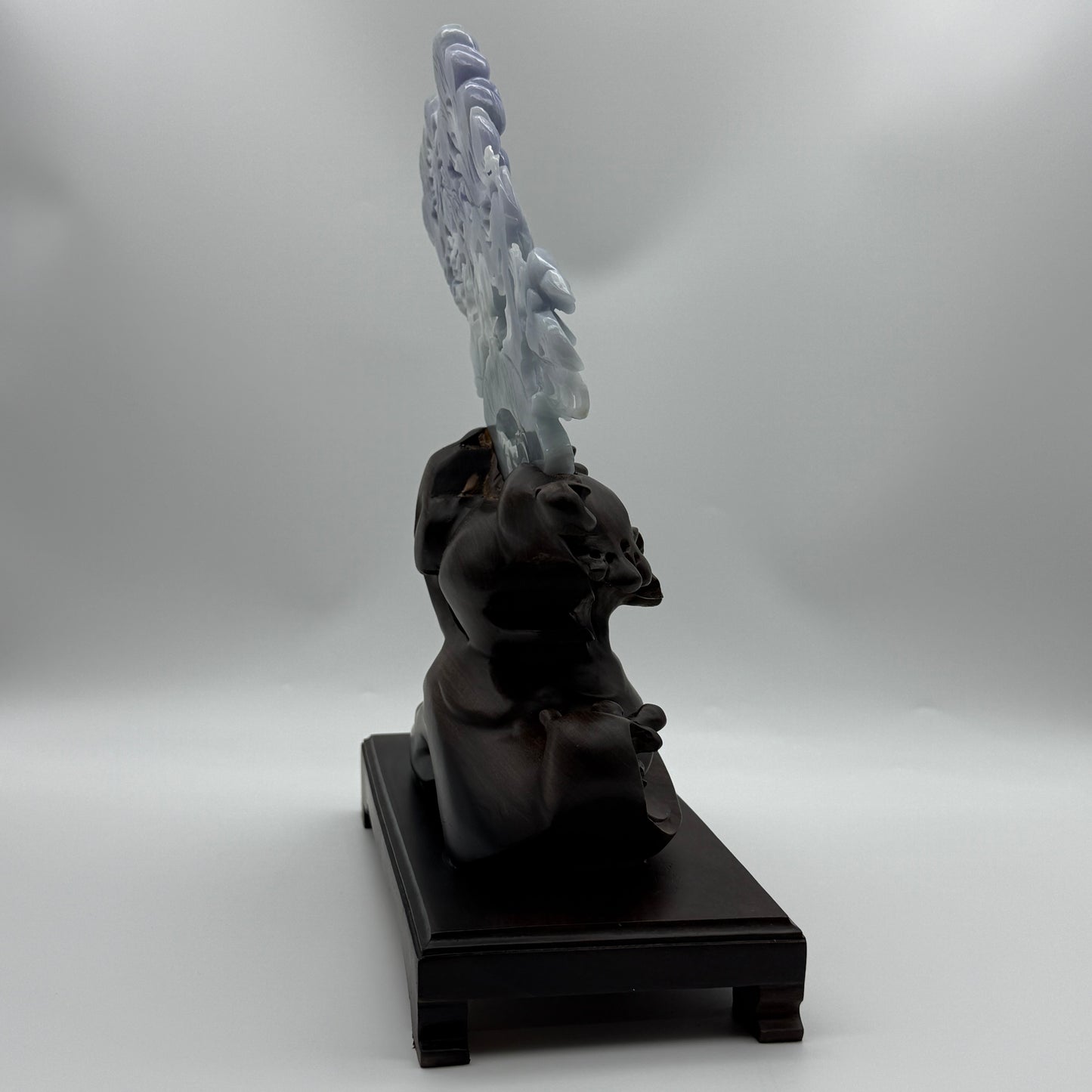 Rare Type A Deep Lavender Jadeite Gui Ren with Longevity Peaches & Lotus 470.0g 23.0 by 19.0 by 1.36cm with wooden stand 2285g 25.0 by 12.0 by 32.0cm