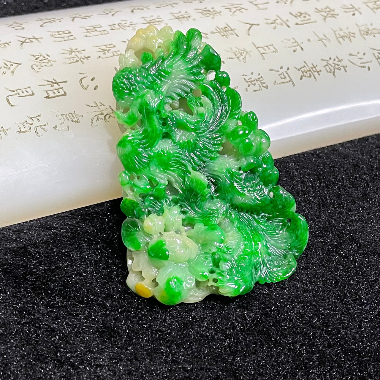 High Quality Type A Spicy Green Phoenix Burmese Myanmar Jade Jadeite Pendant - 50.29g 66.1 by 44.4 by 15.2mm