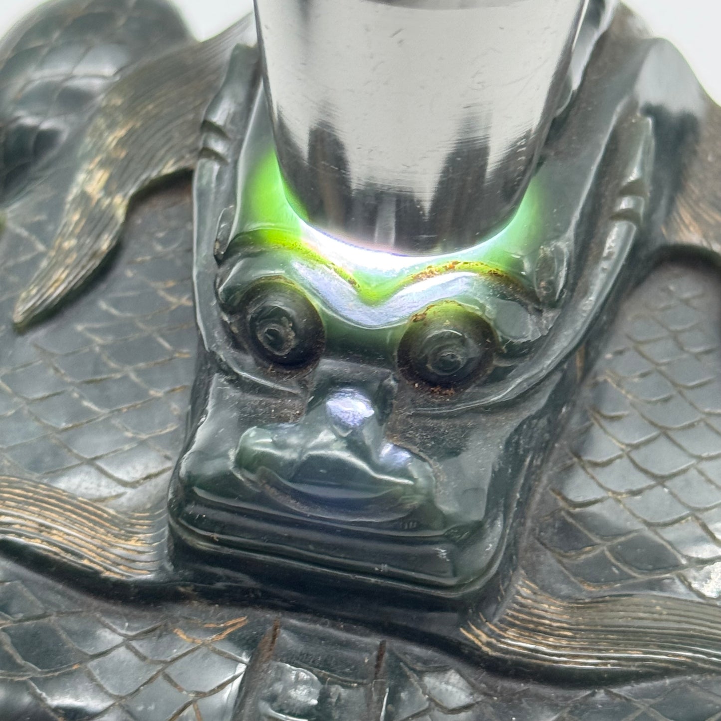 Rare Antique Natural Dark Green Nephrite Dragon Seal 3,120.1g 106.0 by 106.0 by 120.0mm with Wooden Box 4,254.4g 165.0 by 165.0 by 195.0mm