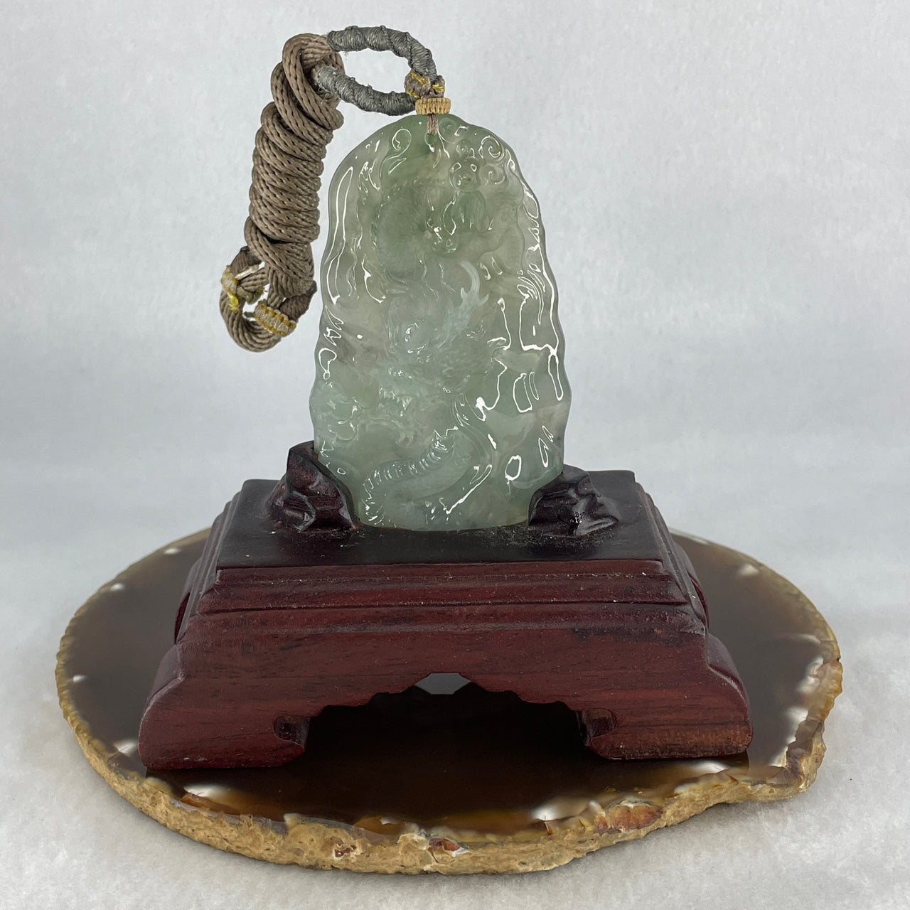 Natural Type A High Icy Jadeite Dragon Pendant | Translucent Blue-Green Imperial Gourd Carving (219.83g, 77.0mm, Includes Wooden Stand)