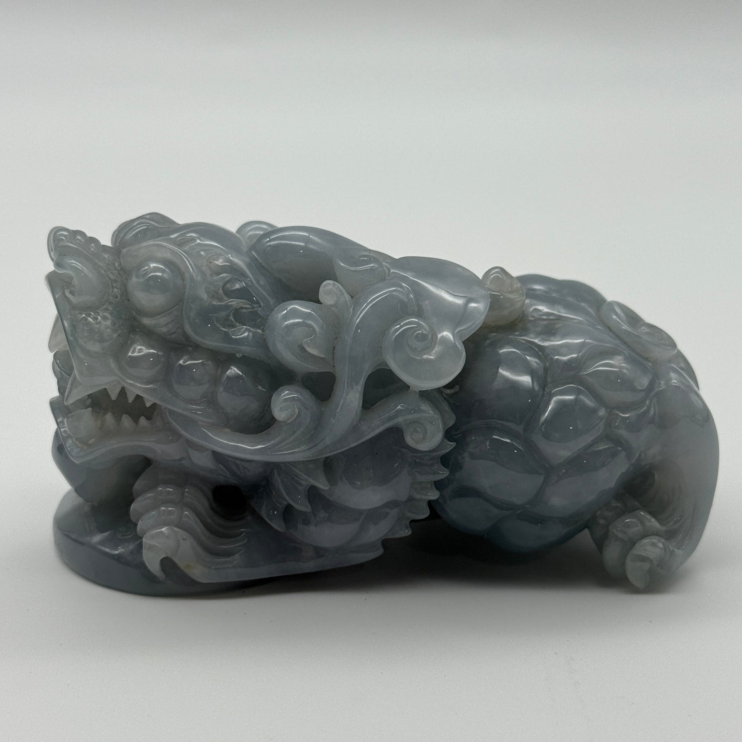 Type A Blueish Lavender Jade Jadeite Pixiu & Ruyi Display with Wooden Stand: Pixiu: 373.1g 93.1 by 43.1 by 43.7mm With Stand: 747.5g 215.4 by 111.5 by 99.6mm
