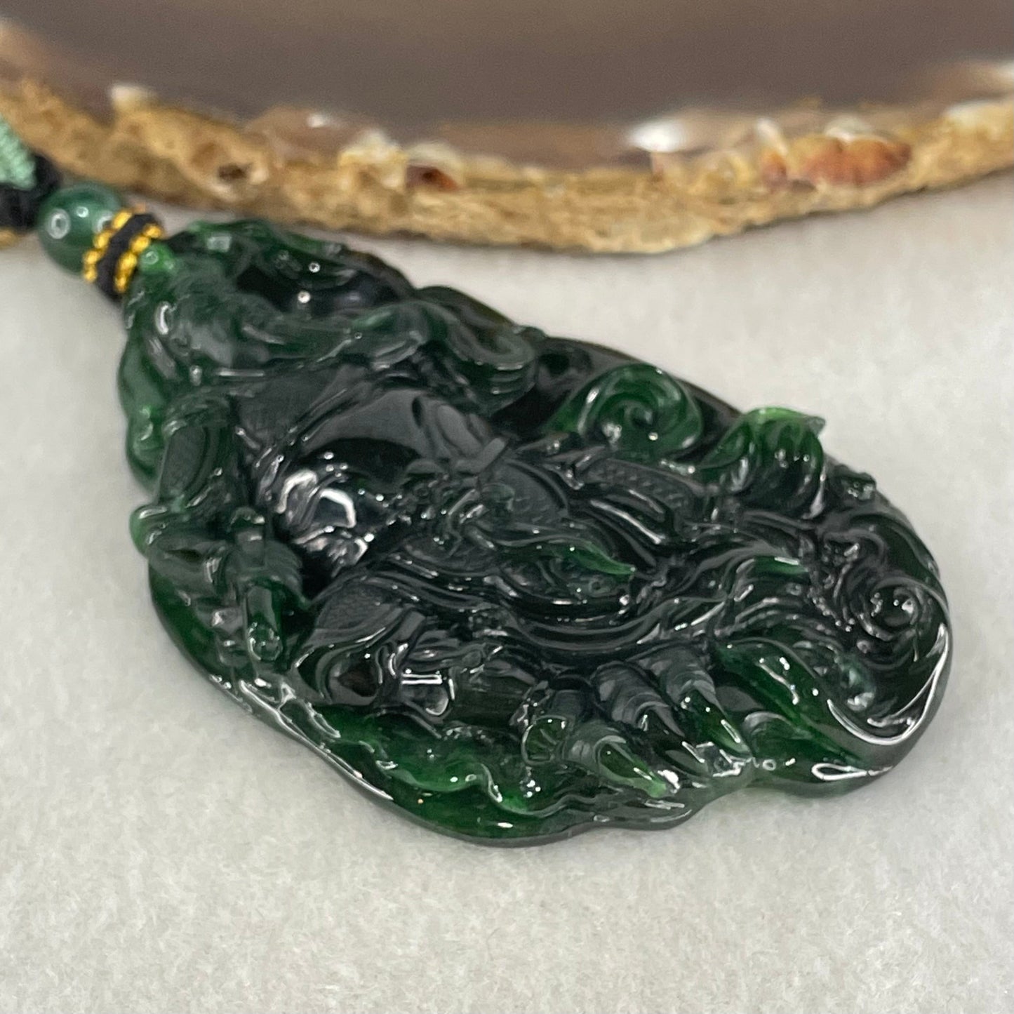 Rare High End Grand Master Type A Full Green Jadeite Guan Gong with Scroll Pendant 48.01g 72.0 by 44.8 by 9.3mm