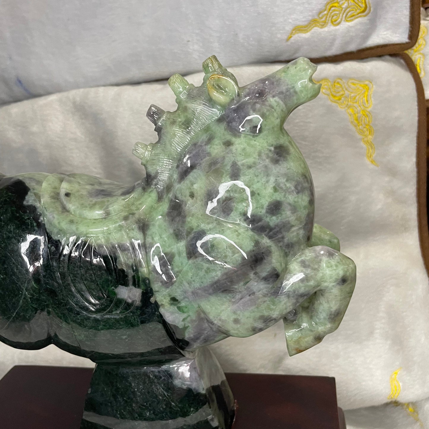 Type A Green with Lavender Jadeite Pair of Horses 马到成功 马上成功 马上发财 with Wooden Stand Display Piece - 9.53kg Dimensions with Stand: 30 by 28 by 12cm Jade Dimensions: 28 by 24 by 9cm