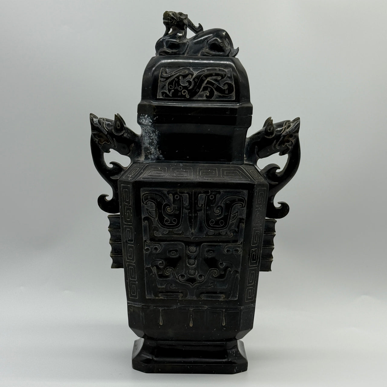 Rare Antique Natural Old Mine Dark Green Nephrite Pixiu Vase 1,882.7g 170.0 by 100.0 by 280.0mm