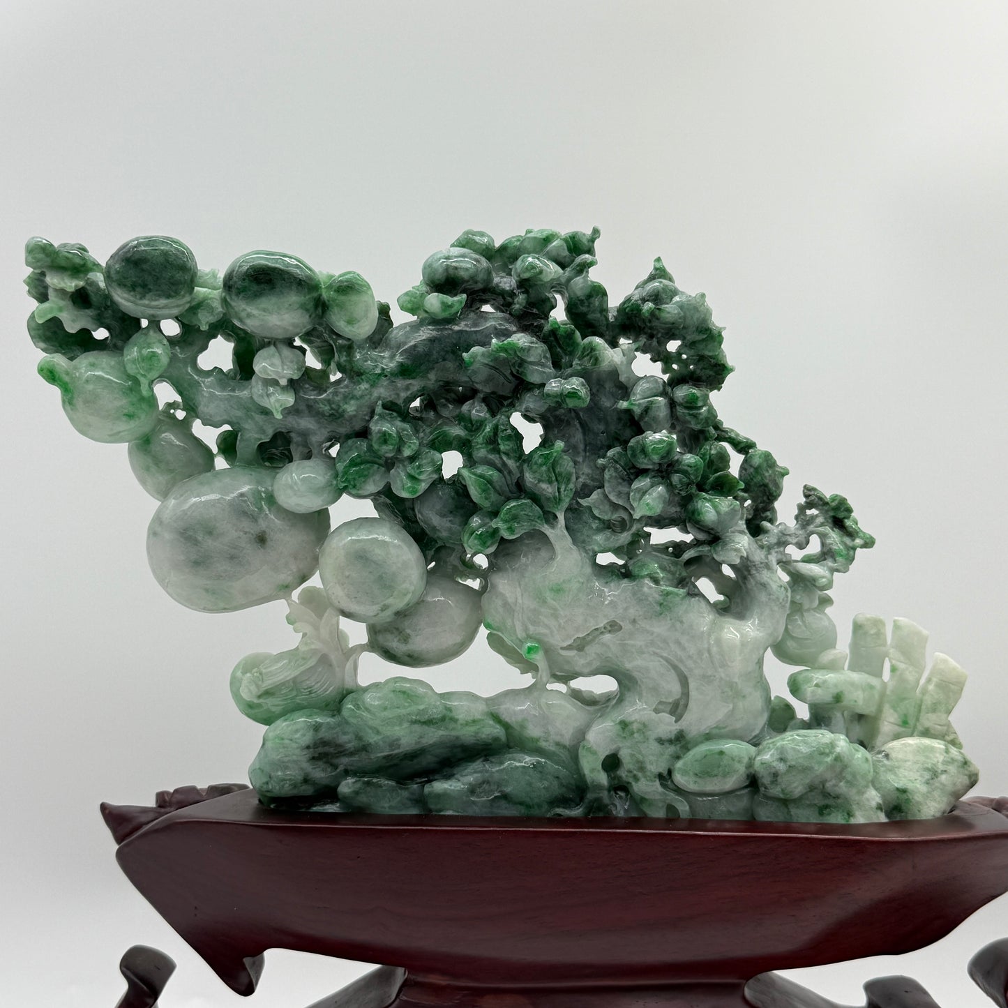 Type A Light Green with Spicy Green and Apple Green Patches Jadeite Tree with Twin Birds and Bamboo Display 1260g 24.0 by 2.8 by 16.0cm with wooden stand 2935g 31.0 by 10.0 by 28.0cm