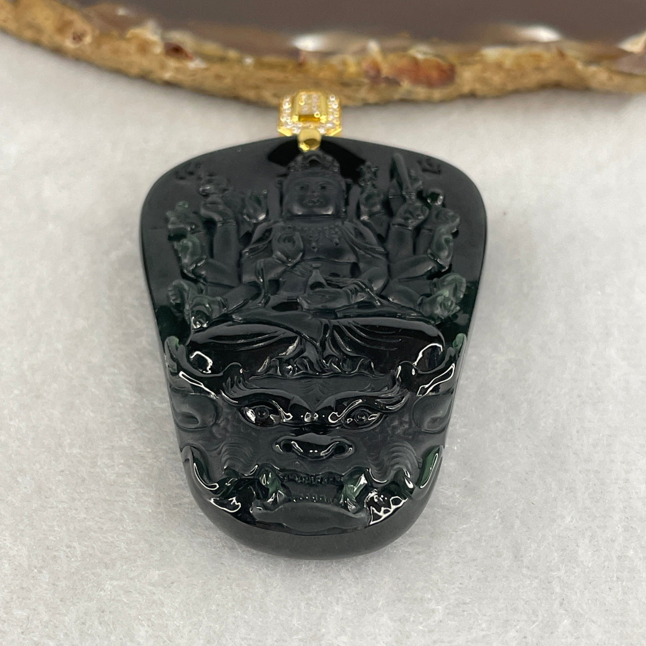 Certified High End Type A Translucent Black Omphacite Jadeite Thousand-Hand Guanyin Pendant | 18K Gold & Natural Diamond Clasp | Avalokiteshvara Protection (56.53g | 62.8 x 42.3 x 10.0mm)