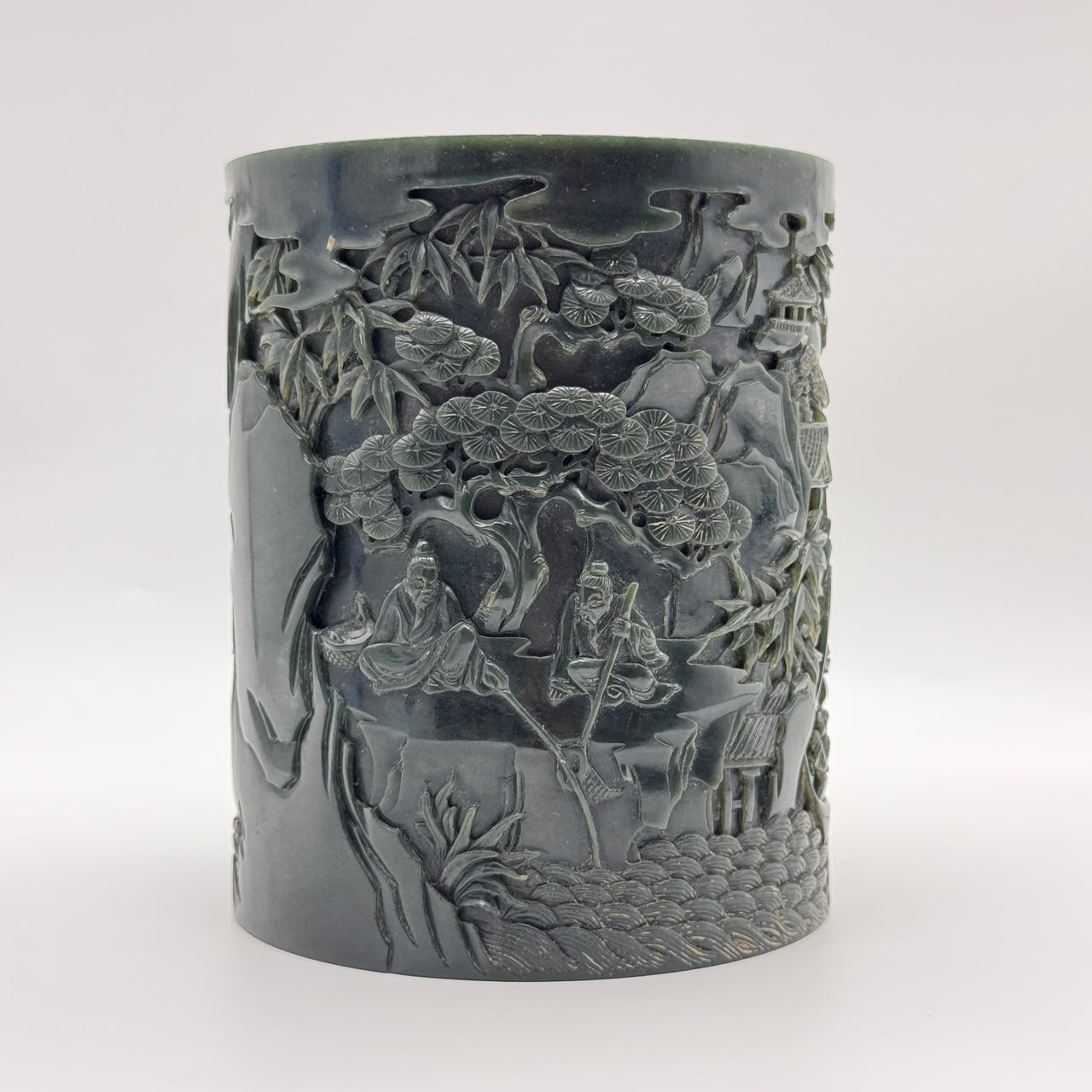 NGI Certified Rare Antique Old Mine Natural Dark Green Nephrite Shan Shui Brush Pot with Gui Ren Display 1,467.0g 116.5 by 116.8 by 142.9mm