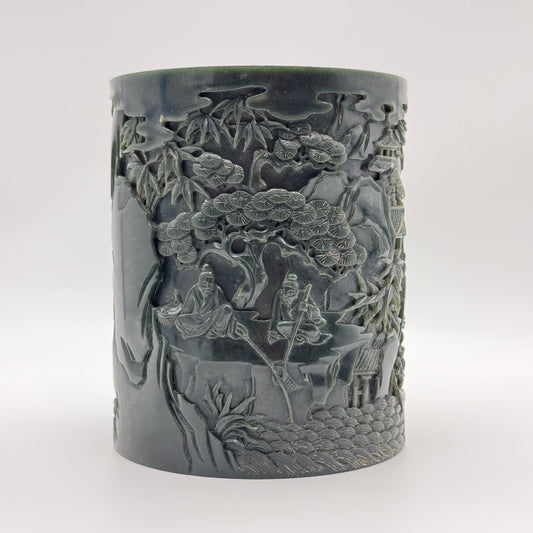 Rare Antique Natural Dark Green Nephrite Shan Shui Brush Pot with Gui Ren Display 1,467.0g 116.5 by 116.8 by 142.9mm with NGI Cert 82812380