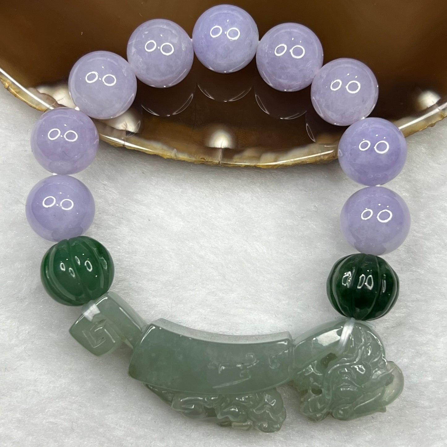 High End Type A Lavender and Green Jadeite Bracelet with Semi Icy Dragon and Pixiu Ruyi Charm 72.82g 13.4mm 11 Beads Charm Dimensions 63.3 by 14.3 by 18.4