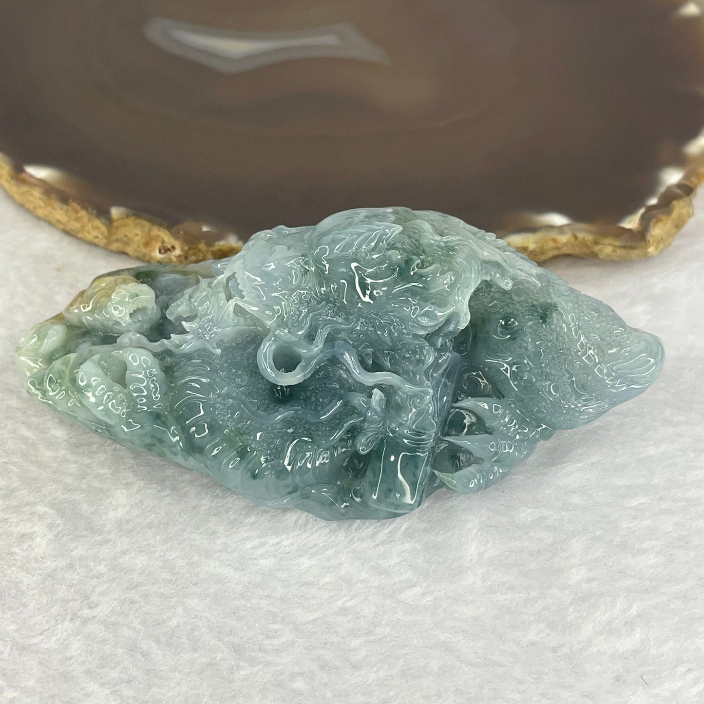 Grand Master Type A Jelly Blueish Green Flora with Yellow Jadeite Fire Dragon with Pixiu 笼饺子Display 164.12g 95.6 by 41.5 by 35.5mm with Wooden Stand for Wealth Luck Attraction