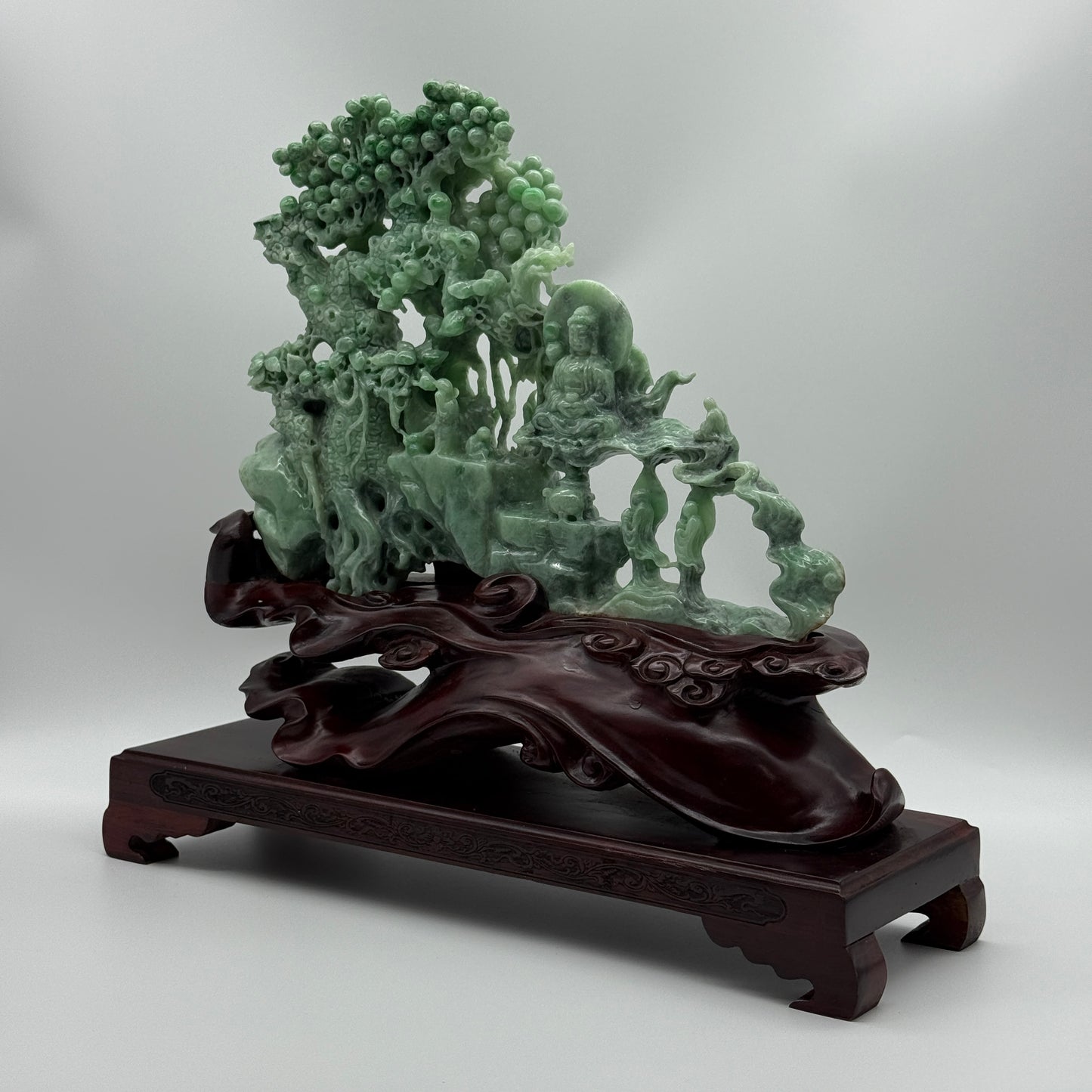 Rare Full Apple Green Buddha & Disciple Shan Shui Display 2,490g 300.0 by 230.0mm by 60.0mm with wooden stand 2,345g Total 4,835g 350.0 by 350.0 by 120.0mm