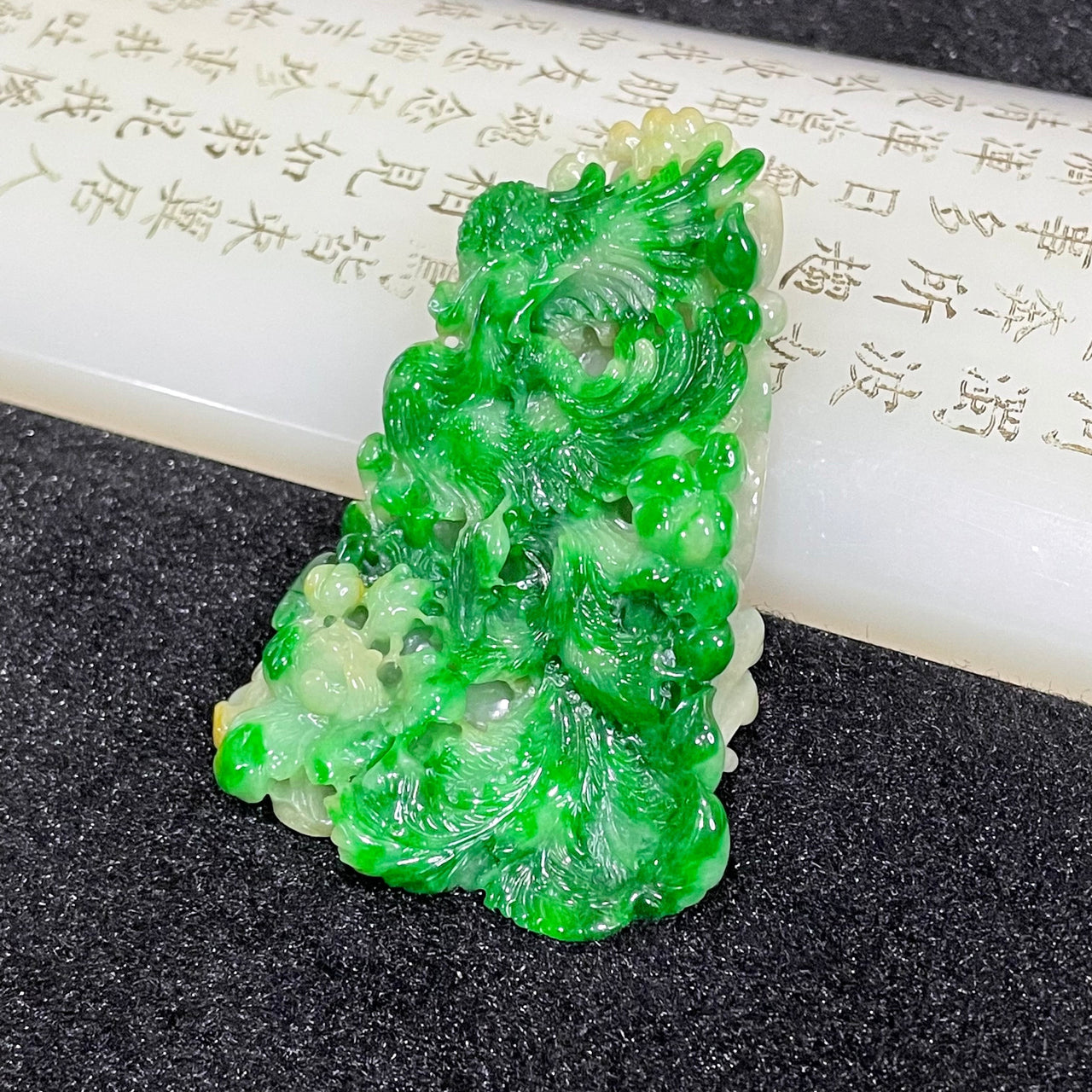 High Quality Type A Spicy Green Phoenix Burmese Myanmar Jade Jadeite Pendant - 50.29g 66.1 by 44.4 by 15.2mm