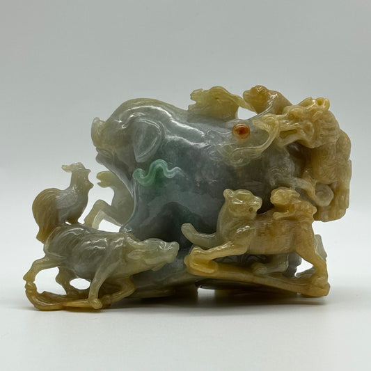 Rare Antique Natural 12 Zodiac 3 colour Jade Jadeite 729.0g 126.5 by 68.5 by 83.9mm