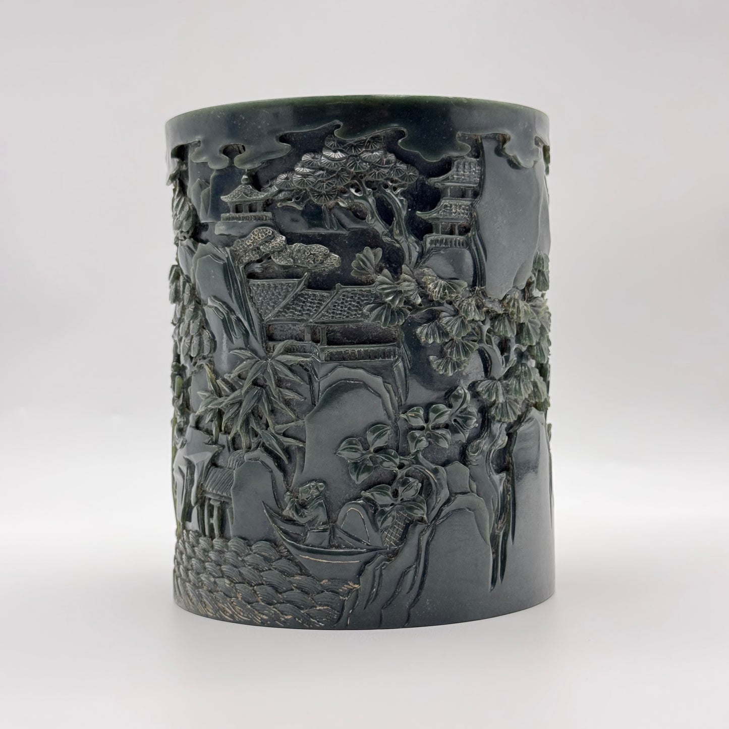 Rare Antique Natural Dark Green Nephrite Shan Shui Brush Pot with Gui Ren Display 1,467.0g 116.5 by 116.8 by 142.9mm with NGI Cert 82812380