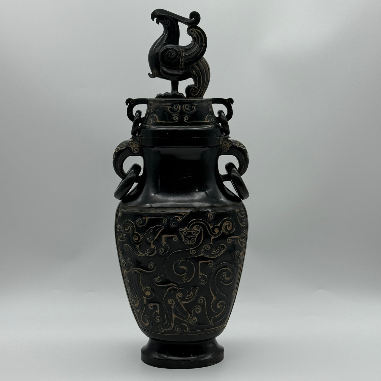 Rare Antique Natural Old Mine Dark Green Nephrite Dragon Phoenix Bird Vase 2,047.6g 145.0 by 90.0 by 360.0mm