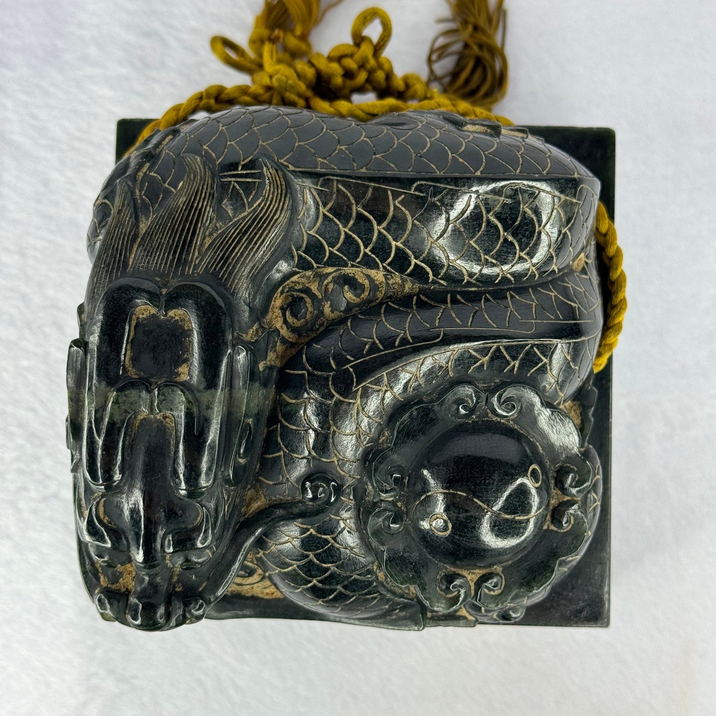 Rare Antique Natural Dark Green Nephrite Dragon with Ying Yang Flower Seal 2,868.7g 108.7 by 107.5 by 104.0mm with Wooden Box Total 3,975.9g 146.7 by 147.1 by 190.0mm
