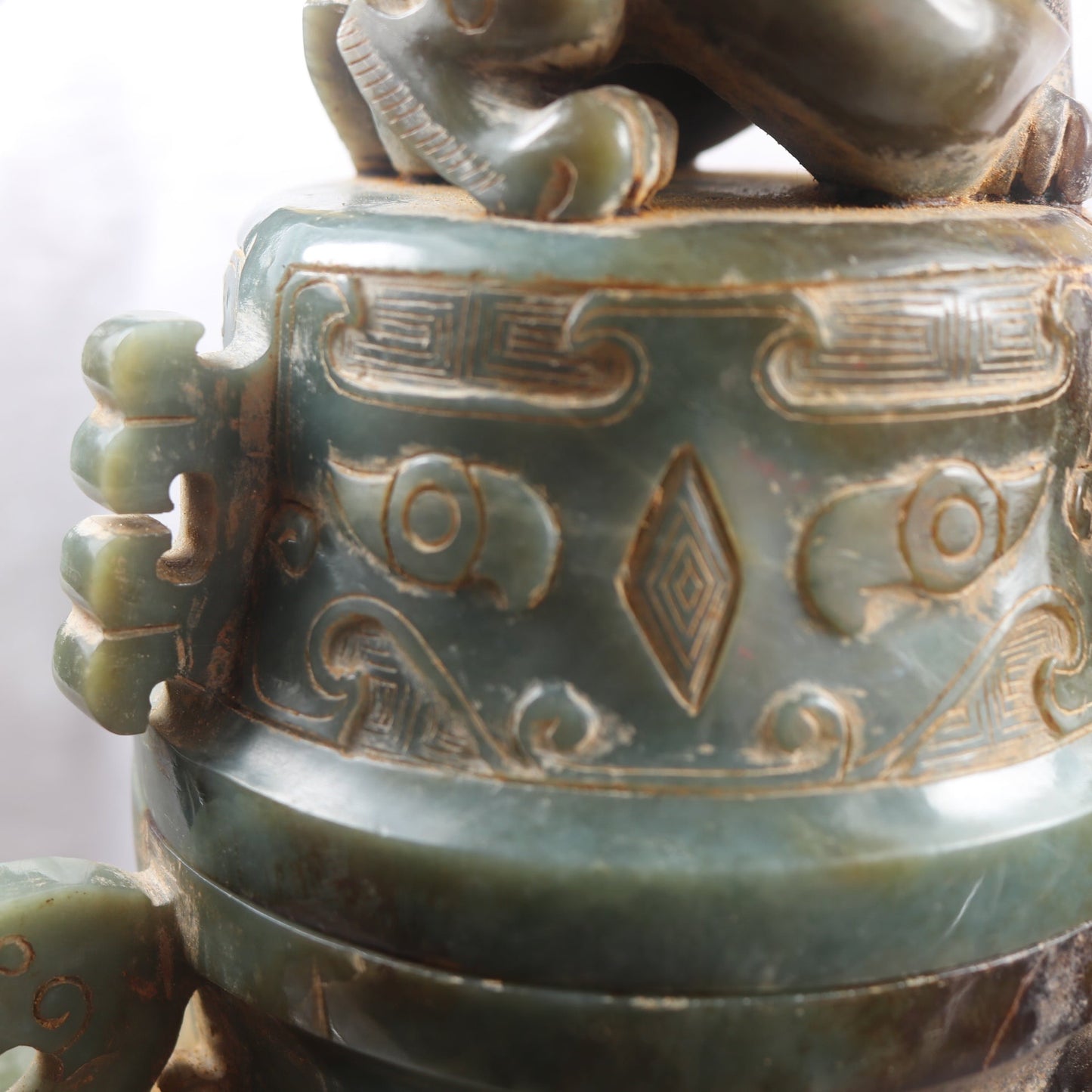 Rare Antique Natural Green with Brown Patches Nephrite Pixiu Vase 3,113.3g 148.0 by 160.0 by 335.0mm