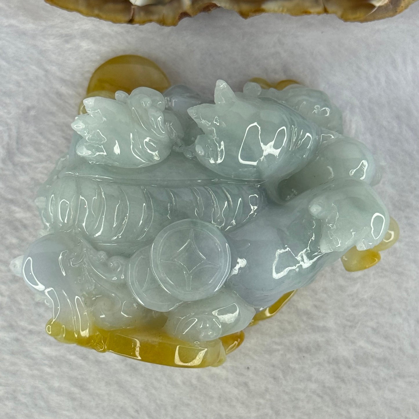 Rare Grand Master Type A Green with Lavender and Yellow 3D Flying Pixiu with Baby, Ruyi and Coins 大师A货三彩翡翠飞天貔貅摆件 185.14g 41.0 by 64.3 by 48.0mm with Wooden Stand