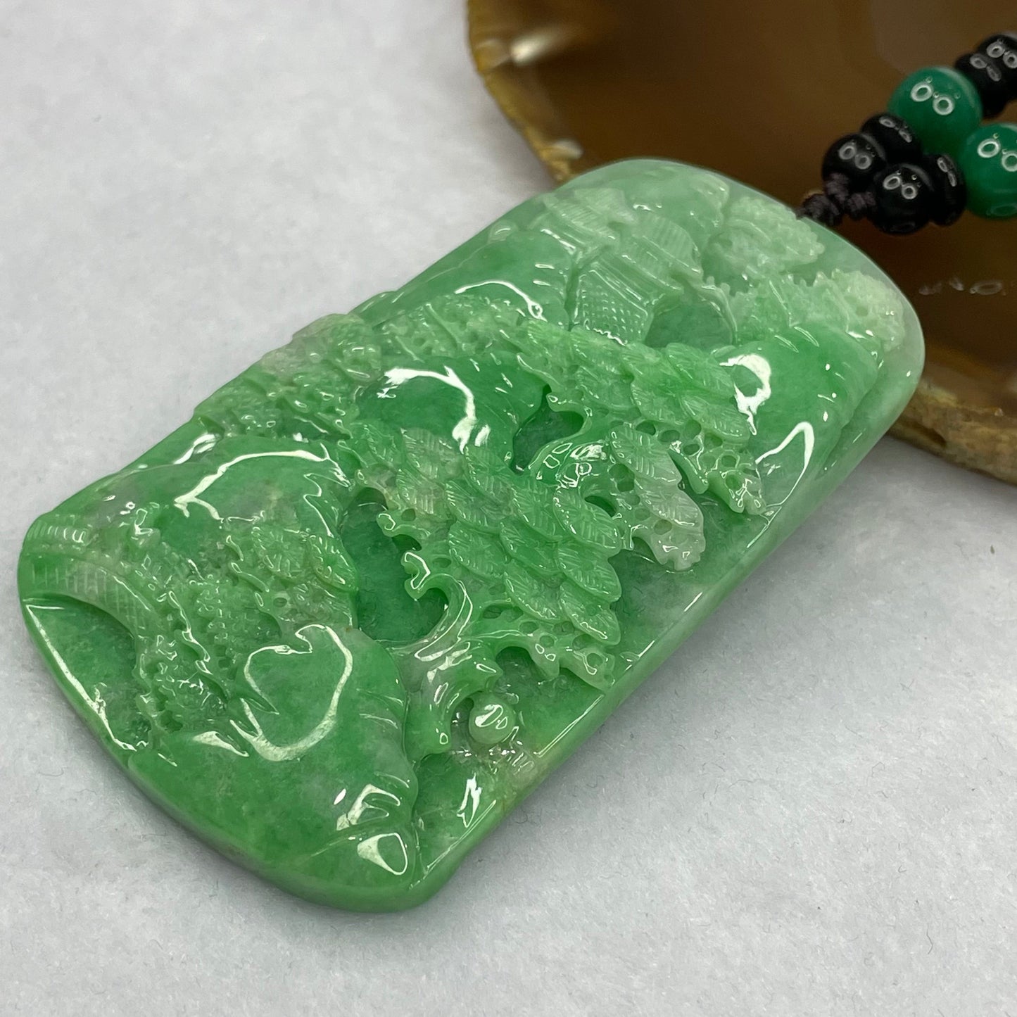 Grand Master Certified Type Intense Apple Green and Lavender Jadeite Shan Shui Pendant 64.07g 73.9 by 45.7 by 9.5mm