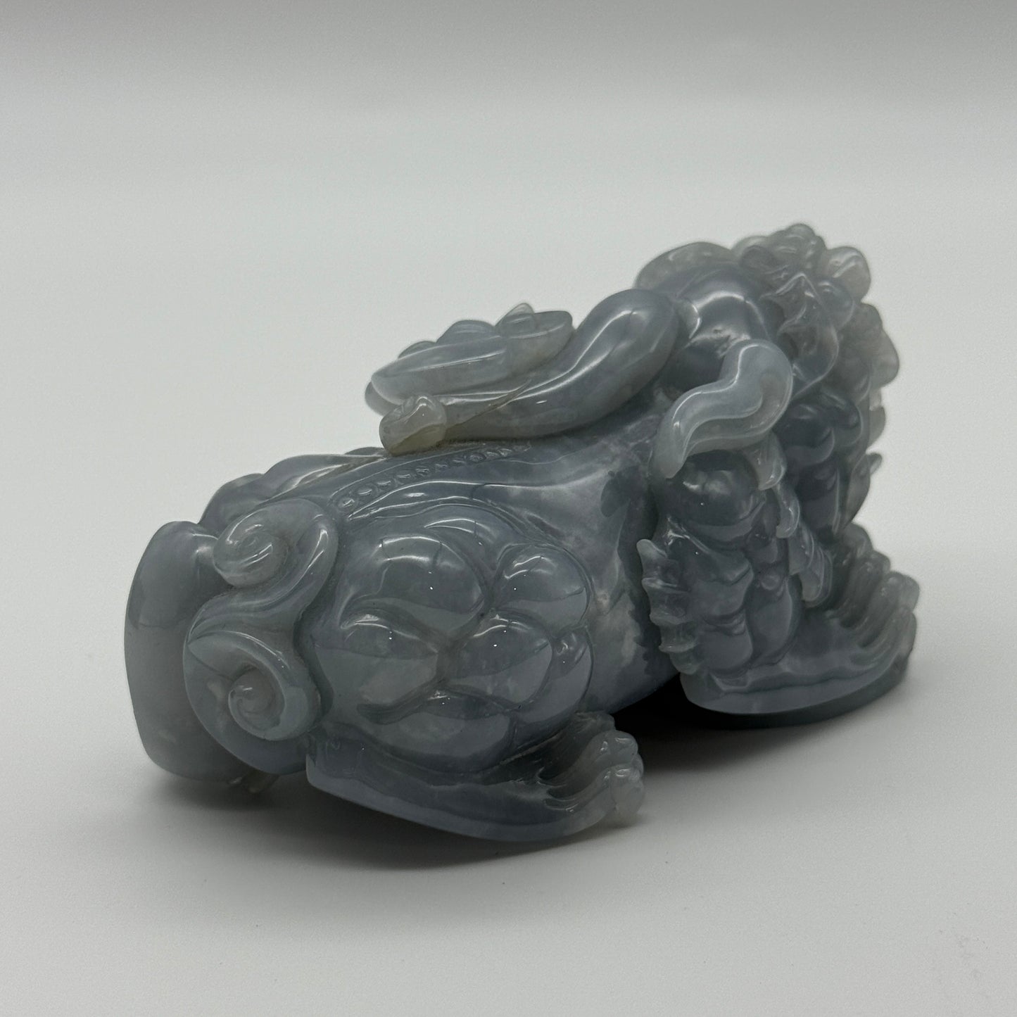 Type A Blueish Lavender Jade Jadeite Pixiu & Ruyi Display with Wooden Stand: Pixiu: 373.1g 93.1 by 43.1 by 43.7mm With Stand: 747.5g 215.4 by 111.5 by 99.6mm