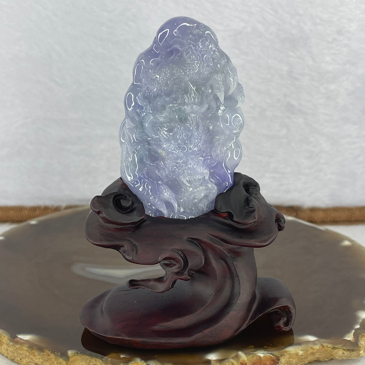 Very Rare Grand Master Semi Icy Type A Intense Lavender Jadeite Dragon 60.71g 68.0 by 39.20 by 16.8mm with Wooden Stand
