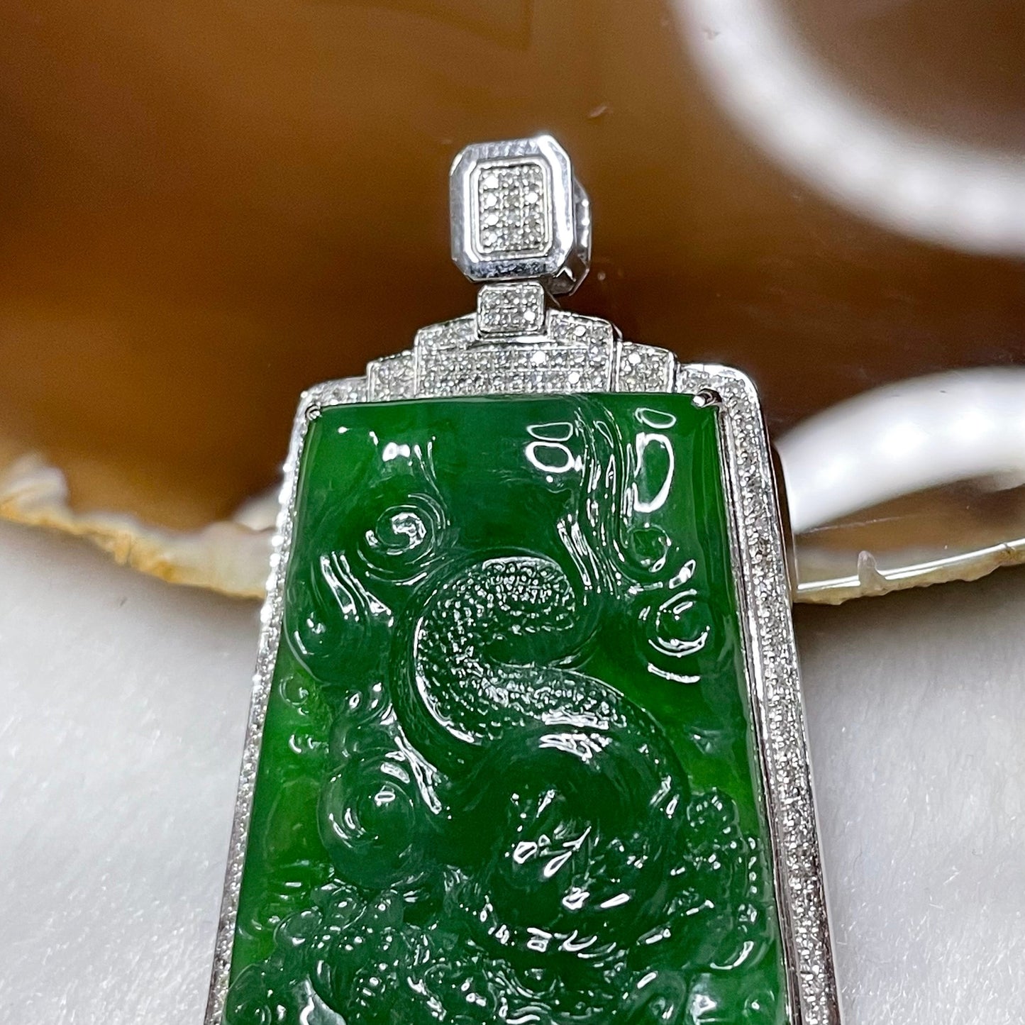 RARE Type A Full Yang Green Dragon Jade Jadeite 18k white gold & diamonds with NGI Cert 22.38g 50.2 by 30.7 by 9.0mm