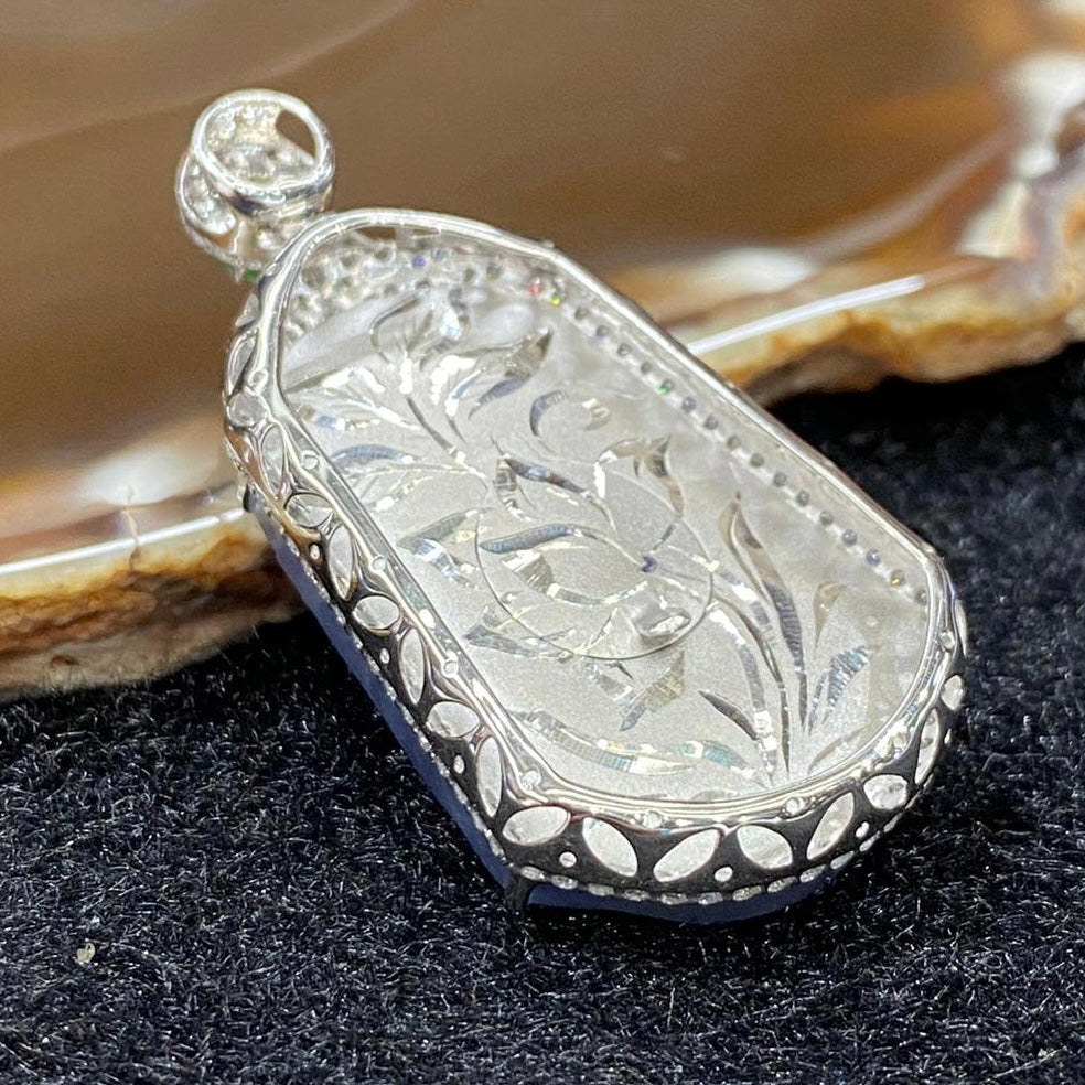 Rare High end Type A Burmese Lavender Jade Jadeite Shan Shui 18k white gold & diamonds - 13.78g 44.7 by 23.1 by 10.3mm