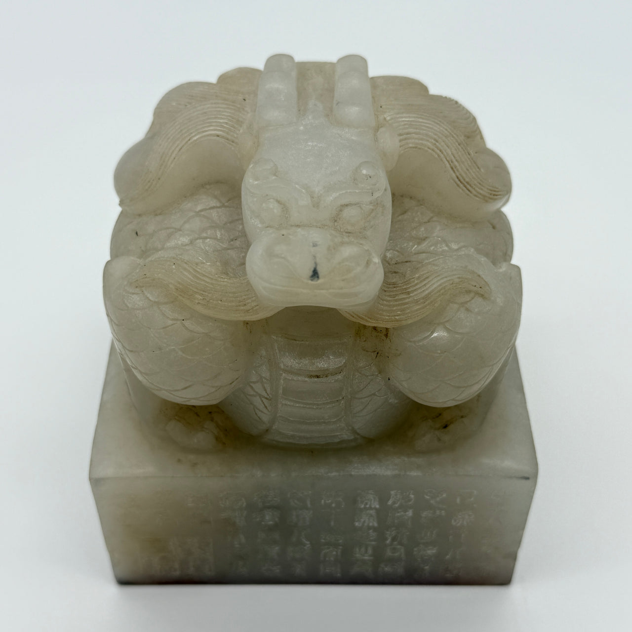 NGI Certified Rare Antique Highly Translucent Near White Natural Quartzite Dragon Seal 2,720g 103.72 by 103.90 by 118.35mm with Old Zitan Box Total 3,202.8g 136.8 by 137.2 by 168.0mm