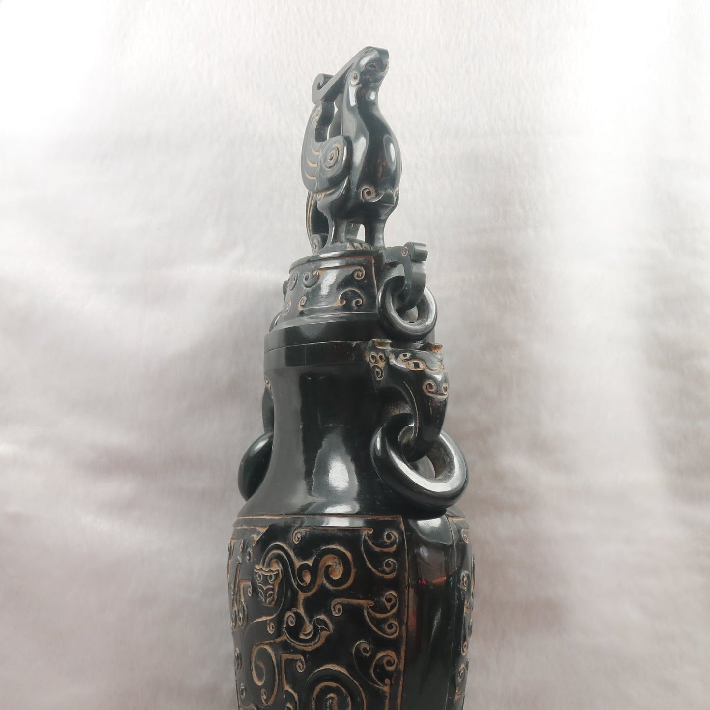 Rare Antique Natural Dark Green Nephrite Dragon Phoenix Bird Vase 2,047.6g 145.0 by 90.0 by 360.0mm